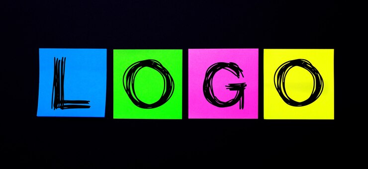 Foto sobre una superficie negra, pegatinas multicolores brillantes con la palabra logo. ilustración