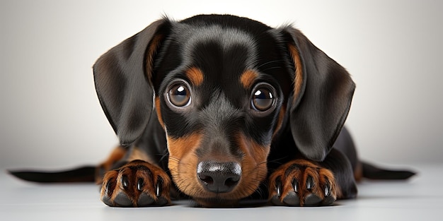 Sobre un telón de fondo blanco el adorable perro dachshund está sentado y suplicando vista desde el frente a pe