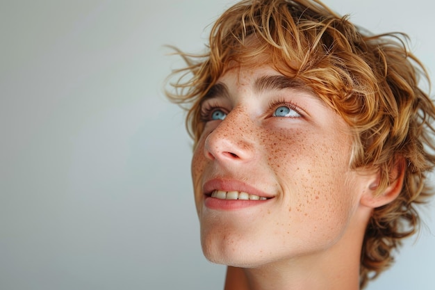 Sobre un telón de fondo blanco un feliz joven varón rubio con ojos azules Ai generativo