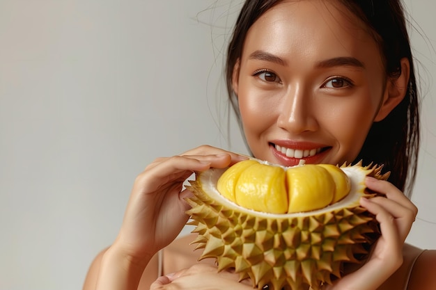 Sobre un telón de fondo blanco pálido una instantánea de una encantadora joven ingeriendo frutas de durian la fruta se ve fresca limpia y el espacio IA generativa