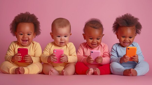 Sobre un telón de fondo rosa un grupo de niños pequeños están examinando sus iPhones