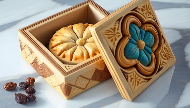 Sobre um cenário de mármore, a pastelaria nacional do Azerbaijão é apresentada numa caixa de madeira