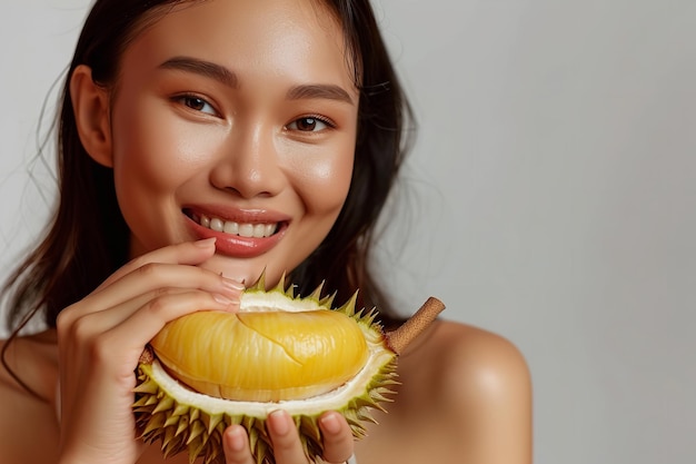 Sobre um fundo branco pálido um instantâneo de uma linda jovem ingerindo frutas durian frutas está olhando fresco limpo e espaço IA generativa