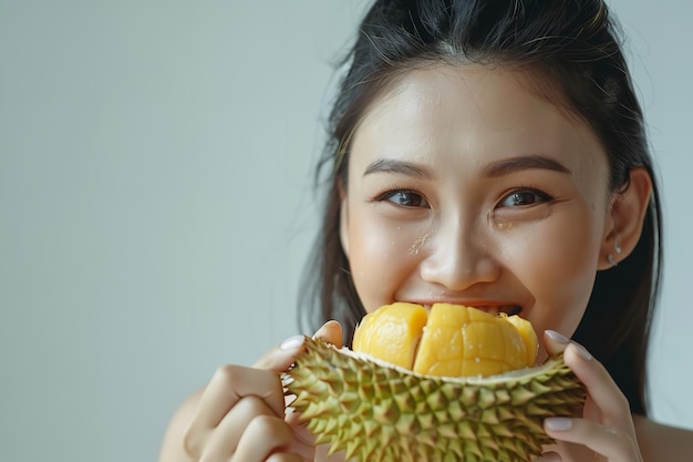 Sobre um fundo branco pálido um instantâneo de uma linda jovem ingerindo frutas durian frutas está olhando fresco limpo e espaço IA generativa