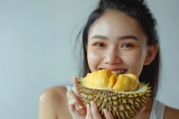 Sobre um fundo branco pálido um instantâneo de uma linda jovem ingerindo frutas durian frutas está olhando fresco limpo e espaço IA generativa