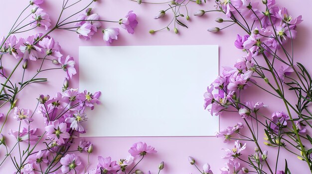 Foto sobre uma configuração roxa arejada um cartão de papelaria branco em branco abrangendo flores de jacinto cercando-o flores encantadoras para especiais e espaço ia generativa
