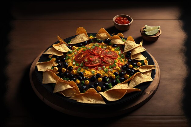 Foto sobre uma mesa de madeira, um grande prato preto com nachos de tortilla de milho amarelo e salsa