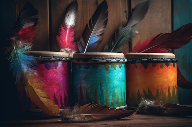 Sobre uma mesa estão expostos três tambores coloridos com penas
