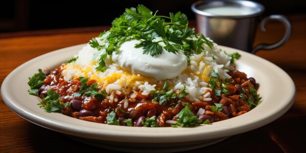 Sobre uma pilha de arroz branco uma grande tigela branca de chili con carne pode ser visto carne de vaca e grão de tomate