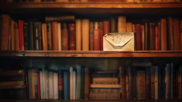 Un sobre vintage se encuentra en un estante de madera frente a un fondo borroso de viejos libros El sobre está ligeramente abierto