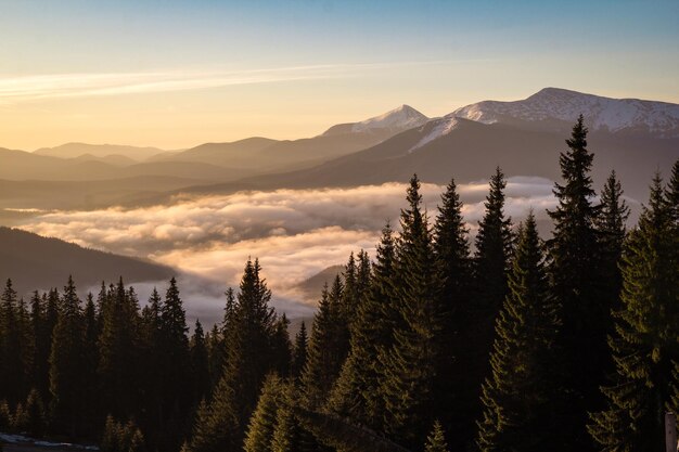 Sobre la vista de las nubes en la foto del paisaje de las cadenas montañosas cubiertas de nieve