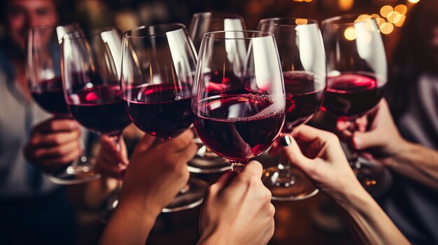 Sobre la vista de personas alegres celebrando y levantando copas de vino en una animada fiesta