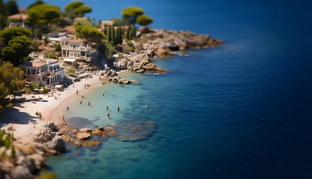 Sobrecarga de fotografia macro em miniatura da bela praia costeira com cidade e mar durante as férias