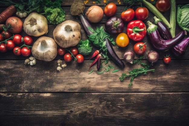 Sobrecarga de verduras primer plano sobre un fondo de madera envejecida