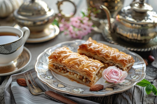 Sobremesa árabe tradicional Baklava com mel e nozes