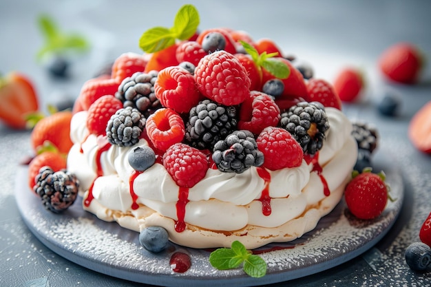 Sobremesa baixa em calorias Pavlova com bagas frescas geradas por IA