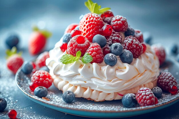 Sobremesa baixa em calorias Pavlova com bagas frescas geradas por IA