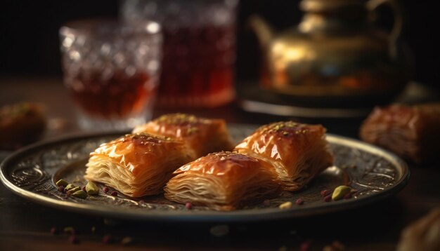 Sobremesa baklava doce com mel e nozes gerada por IA