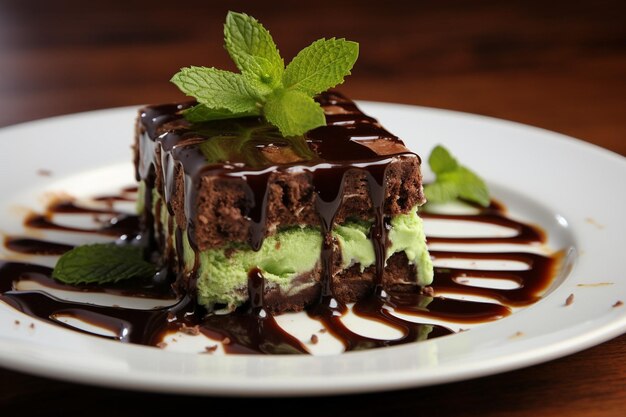 Sobremesa de brownie com menta e molho de chocolate