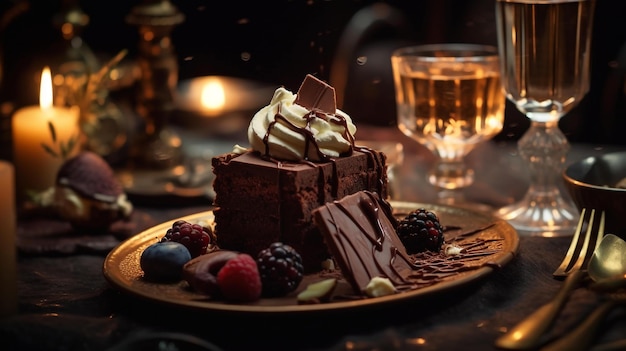 sobremesa de chocolate apresentada em uma mesa lindamente estilizada cercada por AIGenerated macio