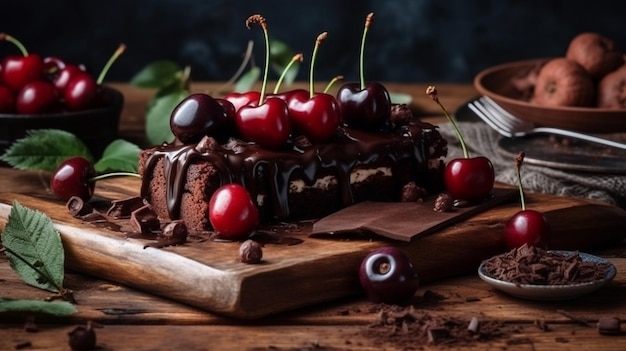 sobremesa de chocolate escuro e cereja em fundo de madeira IA generativa