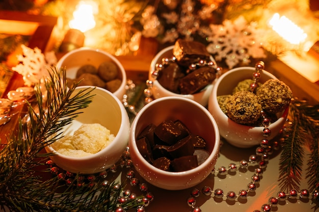 Sobremesa de chocolate fundo de férias de natal