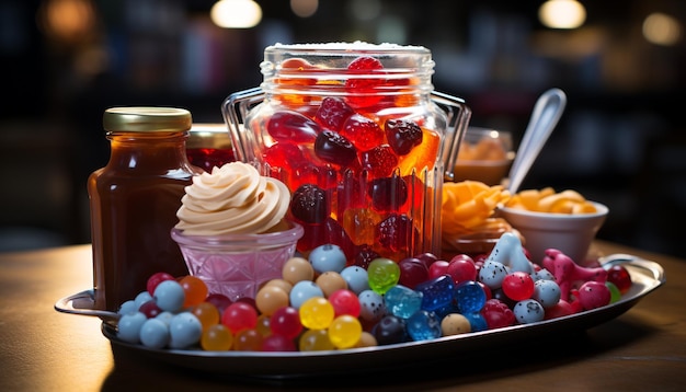 Foto sobremesa de frutas doces em mesa de madeira em uma festa gerada por ia