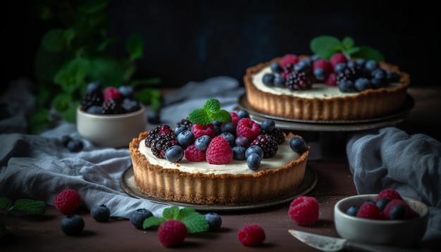 Sobremesa de frutas frescas na mesa de madeira rústica gerada por IA