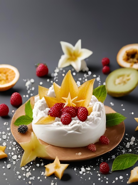 Foto sobremesa de frutas sobremesa com creme e frutas exóticas geradas por ia