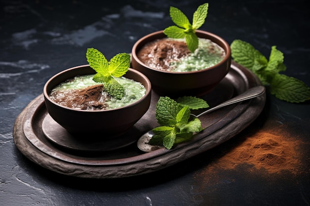 Sobremesa de mousse de chocolate adornada com folha de hortelã em mesa de madeira