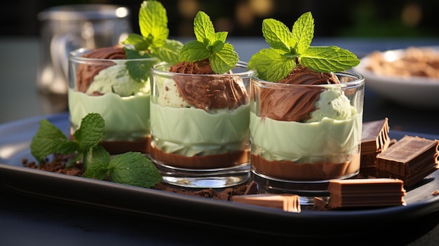 sobremesa de mousse de chocolate com hortelã e molho de chocolate em fundo escuro