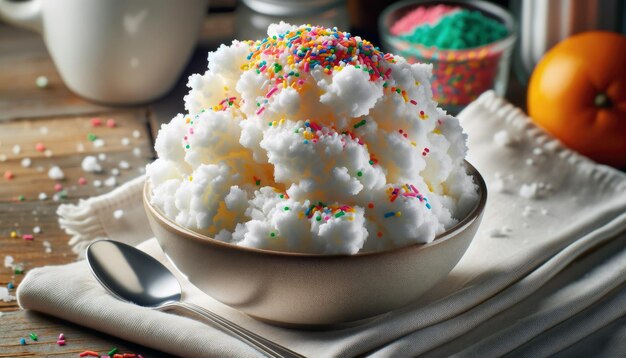 Sobremesa de sorvete de neve coberta com salpicaduras coloridas em uma tigela branca