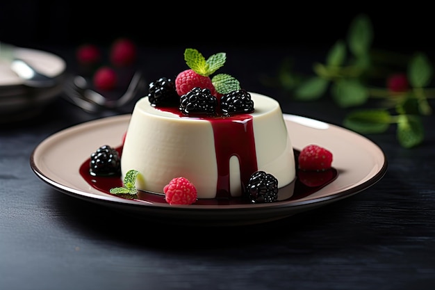 Sobremesa deliciosa Panna cotta Sobremesa italiana Padaria caseira servida em prato com fundo desfocado