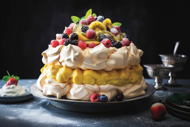 Sobremesa imponente de merengue com frutas frescas e molho de creme criado com IA generativa