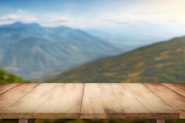 Sobremesa de madera con el paisaje de montaña.