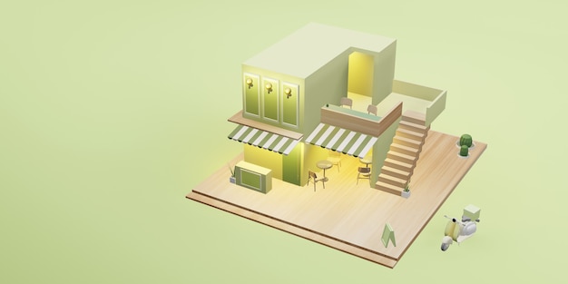 Sobremesa modelo cafeteria restaurante serviço de entrega dos desenhos animados imagem ilustração 3D