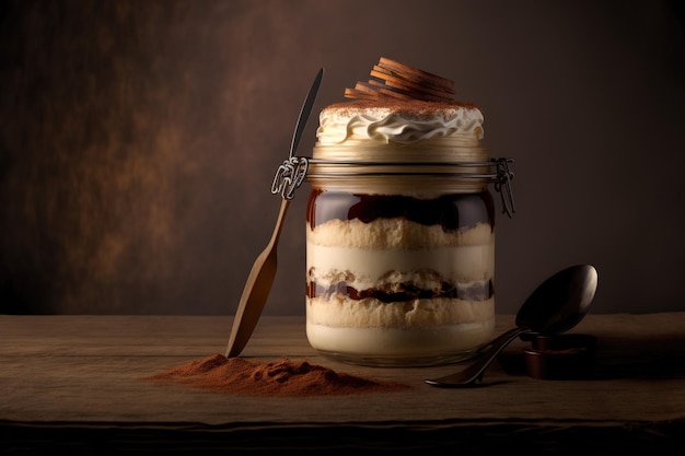 Sobremesa tradicional feita na Itália Um frasco de vidro de tiramisu