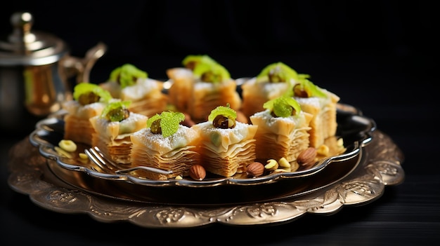 sobremesa turca Baklava com pistache em prato tradicional de prata