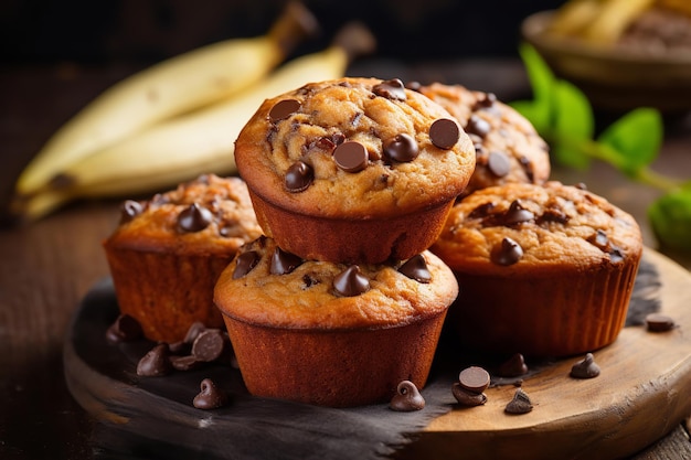 Sobremesa vegana de muffins de banana com gotas de chocolate