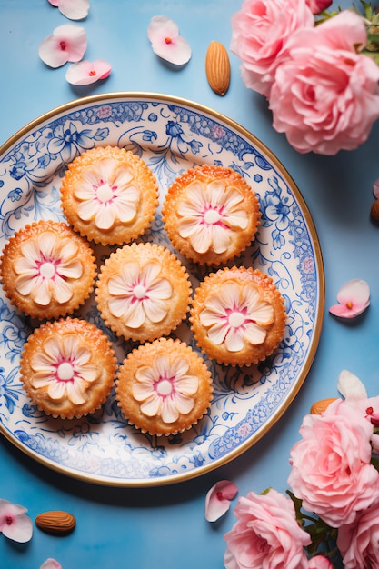 Sobremesas de amêndoa em um estilo de barbear folclórico floral rosa e azul pastel