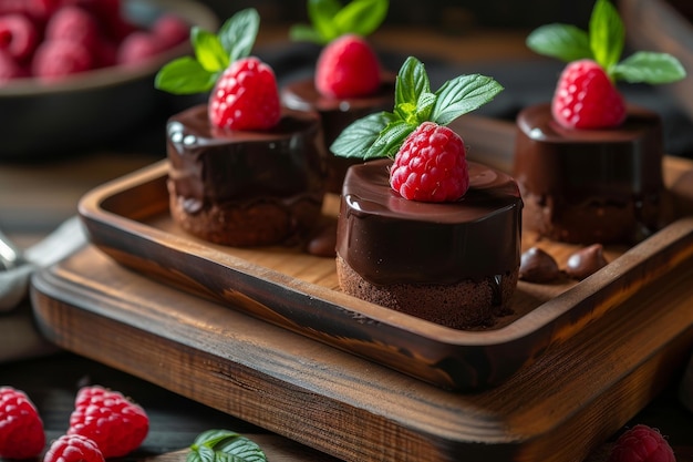 Sobremesas de chocolate decadentes adornadas com framboesas frescas