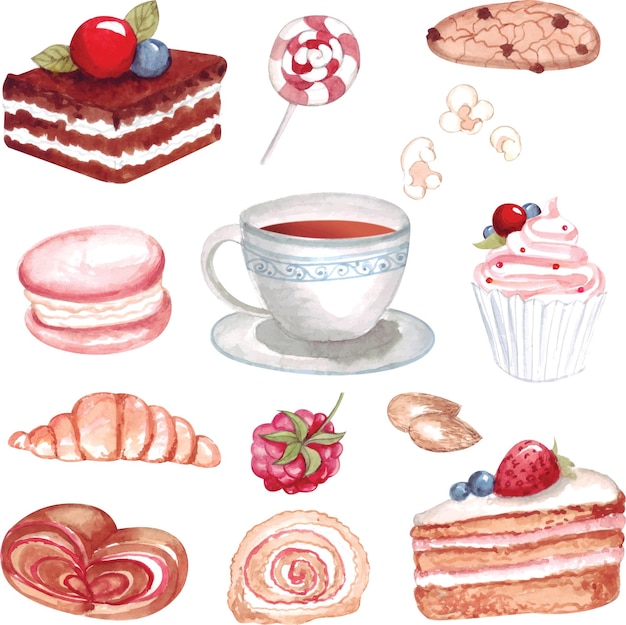 Foto sobremesas de clipart aquarela cupcakes bolos chá biscoitos