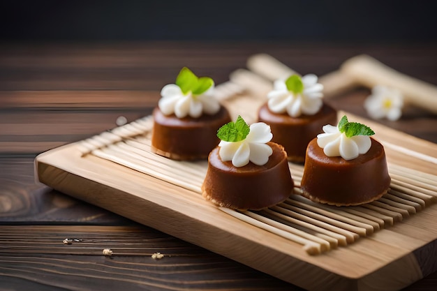 Sobremesas de mousse de chocolate em uma bandeja de madeira