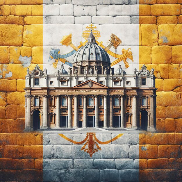 Sobreposição da bandeira da Cidade do Vaticano em tijolos de granito antigos e textura de parede de cimento para uso de fundo.