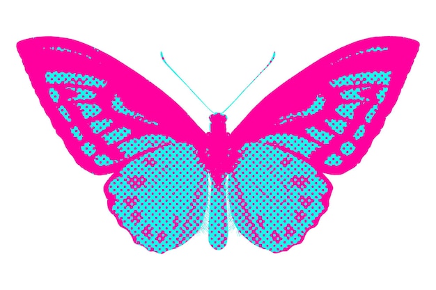 Sobreposição de adesivo de estilo meia-tona de borboleta funky desenhada à mão com uma borda branca