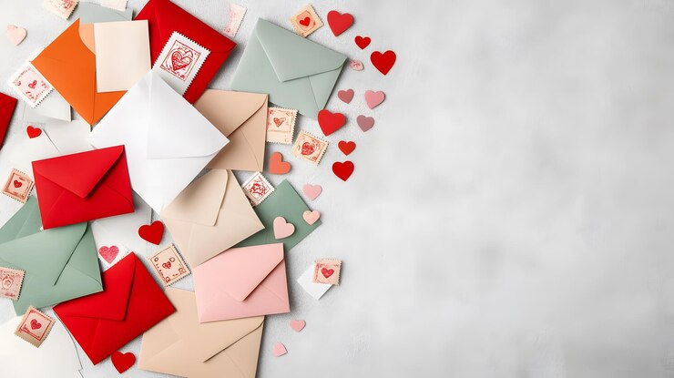 Los sobres de colores con sellos de corazón esparcidos sobre un fondo claro evocan el amor
