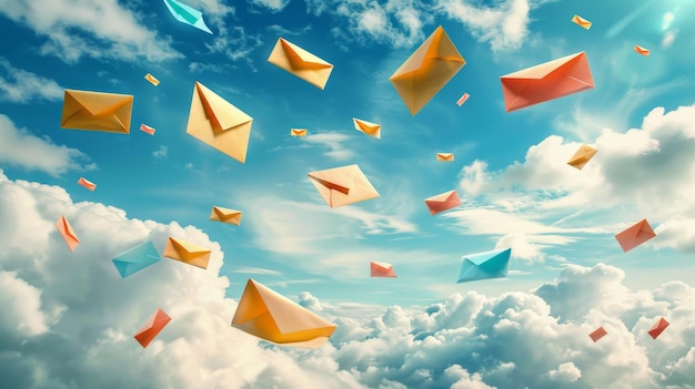 Los sobres postales que vuelan a través del cielo Ilustración en 3D