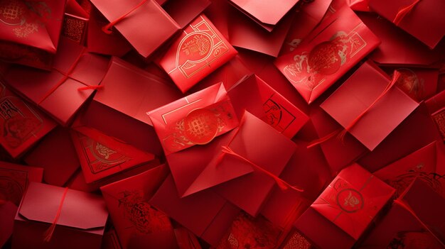 sobres rojos vibrantes hongbao o ang pao dispuestos artísticamente simbolizando el intercambio de buena suerte y prosperidad IA generativa