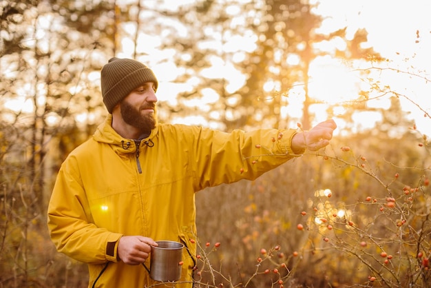 Foto sobrevivência na natureza um homem coleta roseira na floresta