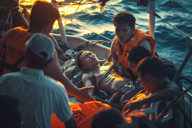 Sobreviventes da explosão de um petroleiro sendo resgatados por uma equipe da guarda costeira